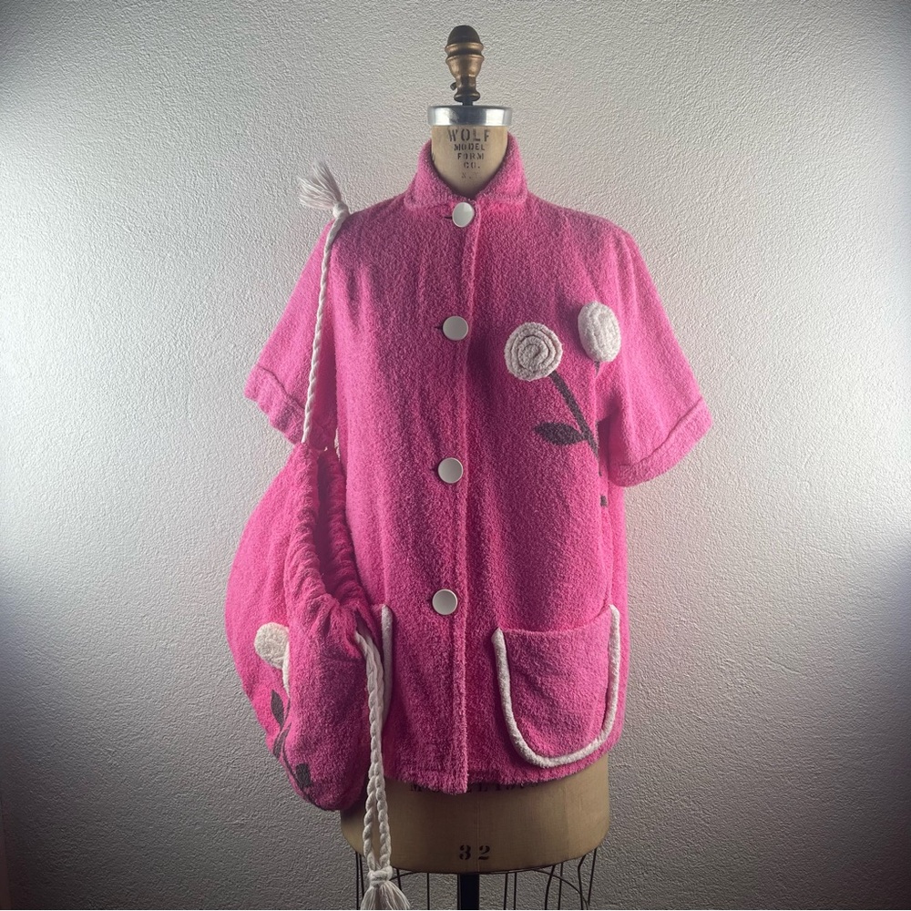 Vintage l 50s S Terrycloth Floral Pinup Rockabilly Swim Jacket Coverup Beach Bag